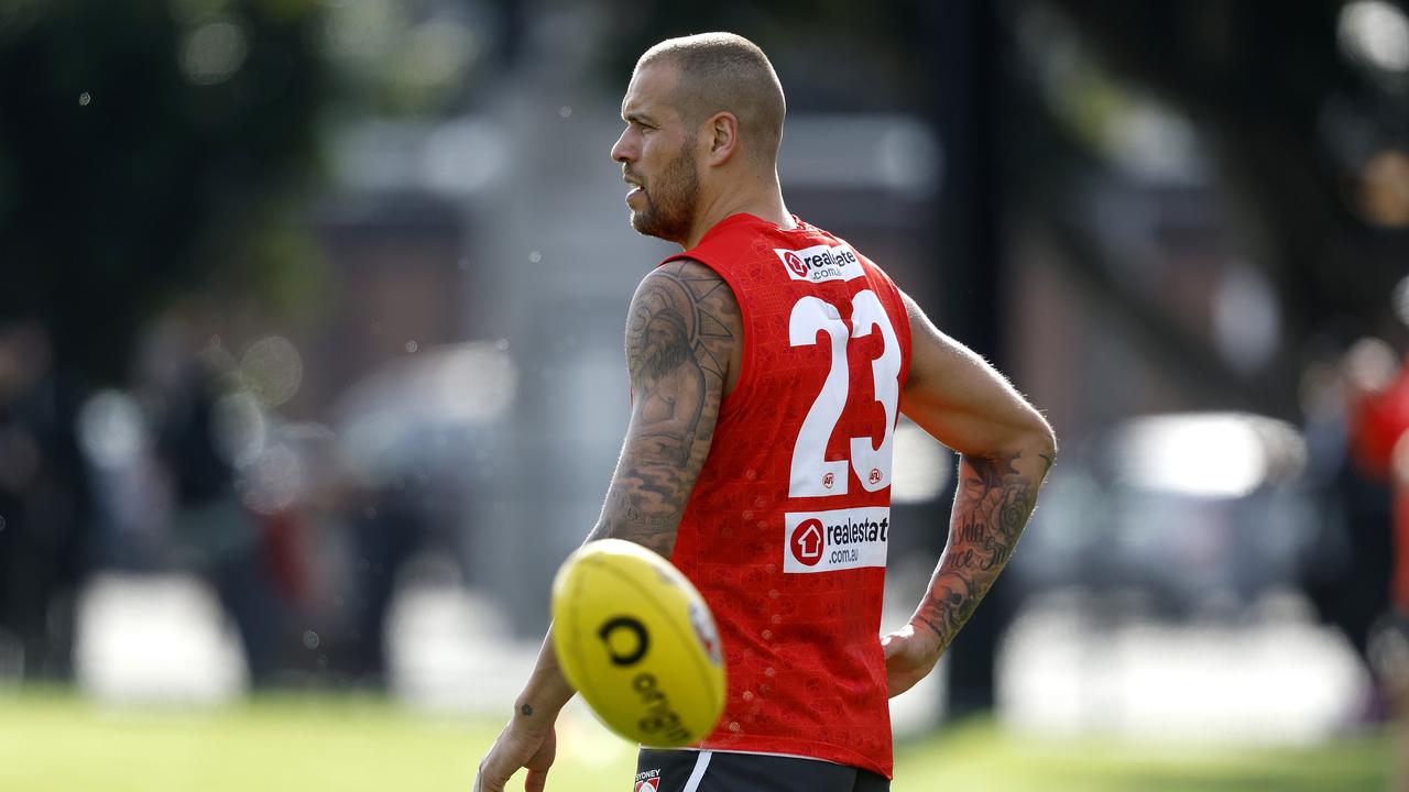 Lance Franklin takes part in a Sydney Swans training session. Picture: Phil Hillyard