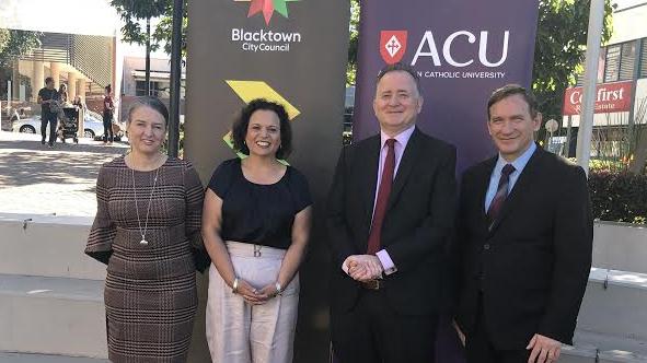 Federal Labor shadow assistant minister for universities senator Louise Pratt, Greenway federal Labor MP Michelle Rowland, ACU deputy vice-chancellor (coordination) Hayden Ramsay and Blacktown Mayor Stephen Bali at Wednesday’s $7 million announcement.