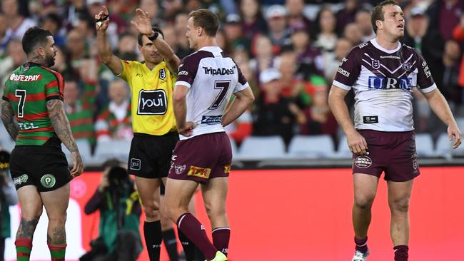 Strike one: Referee Gerard Sutton sin bins Jake Trbojevic while the Sea Eagles are leading the Rabbitohs in last year’s semi-final. Picture: AAP Image/Dean Lewins