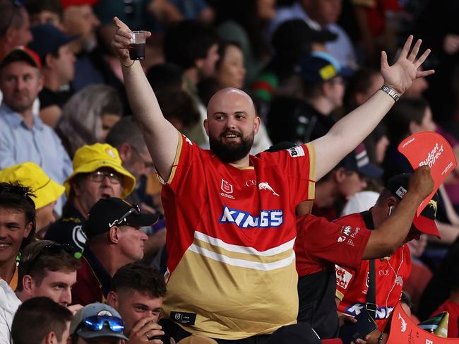 BRISBANE, AUSTRALIA - MAY 06: A Dolphins fan celebrates winning the round 10 NRL match between Cronulla Sharks and Dolphins at Suncorp Stadium on May 06, 2023 in Brisbane, Australia. (Photo by Cameron Spencer/Getty Images)