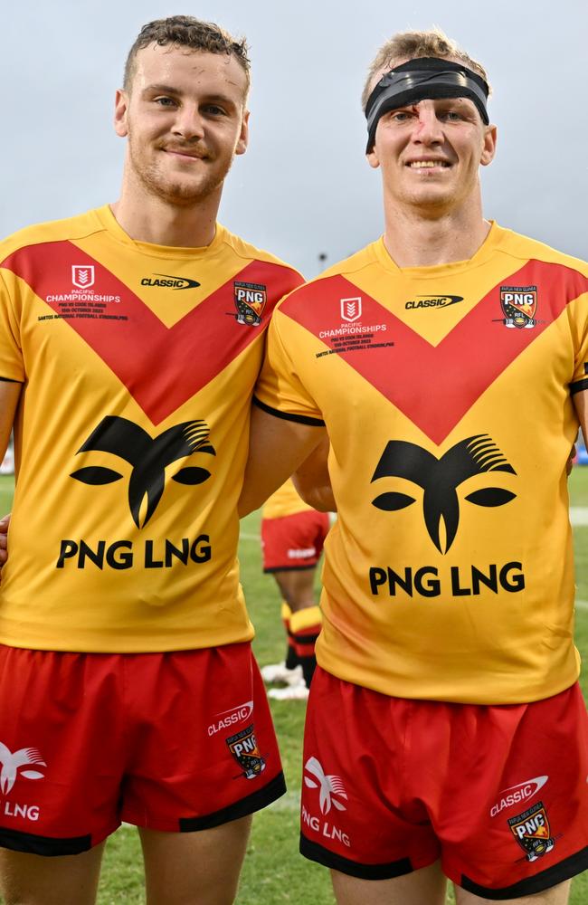 North Queensland Cowboys player Zac Laybutt with brother Kyle Laybutt of the Townsville Blackhawks for Papua New Guinea during the 2023 Pacific Championship. Picture: NRL Imagery