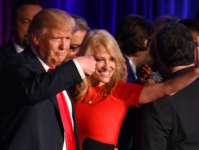 Counsellor to the President Ms Conway (above with Mr Trump during the election campaign) cited the non-existent massacre to defend his Muslim country ban. Picture: AFP/Timothy A Clary.