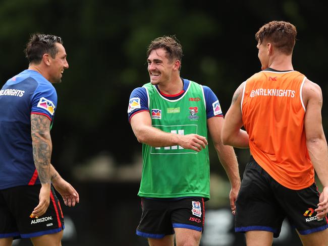 Mitchell Pearce, Connor Watson and Kalyn Ponga during Knights training. Picture: Brett Costello