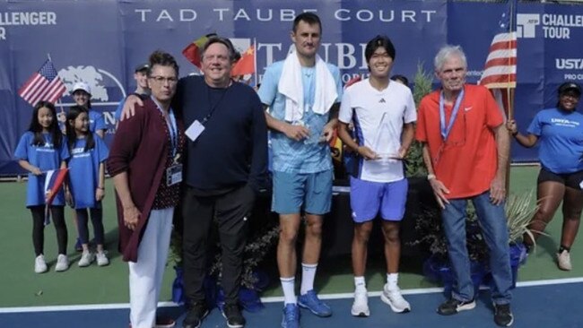 Bernard Tomic (centre, left) and champion Learner Tien after their Fairfield challenger final won by Tien 6-0 6-1.