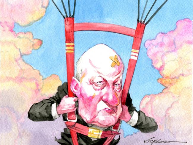 Sturt Krygsman cartoon for Business 30-09-2023. Qantas chairman Richard Goyder with a parachute. Version: Business Cartoon  (1280x720 - Aspect ratio preserved, Canvas added)COPYRIGHT: The Australian's artists each have different copyright agreements in place regarding re-use of their work in other publications.Please seek advice from the artists themselves or the Managing Editor of The Australian regarding re-use.