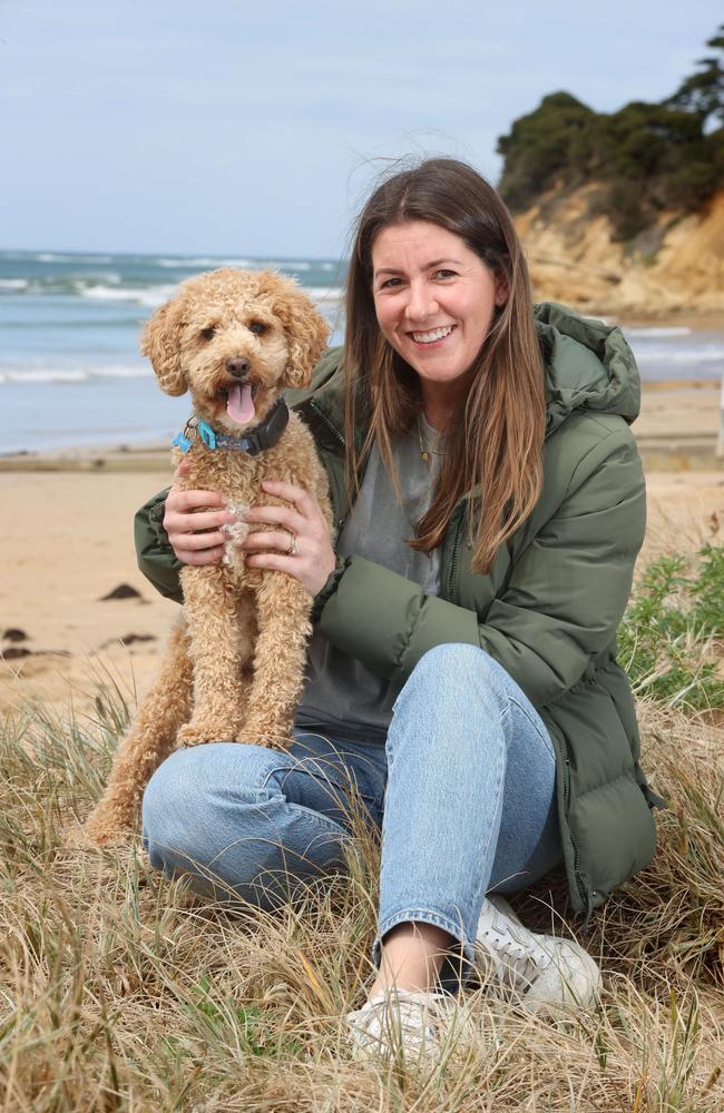 Roamr director Kate Lawrence’s dog Charlie wearing the GPS tracker. Picture: Alison Wynd