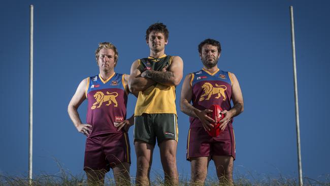 Marion skipper Stephen Saunders (centre) with O'Sullivan Beach/Lonsdale co-captains Gary Dean (left) and Dougie Clinch (right) at St Marys ahead of Saturday’s Adelaide Footy League division seven grand final, the “Battle of the Battlers”. Picture: Naomi Jellicoe