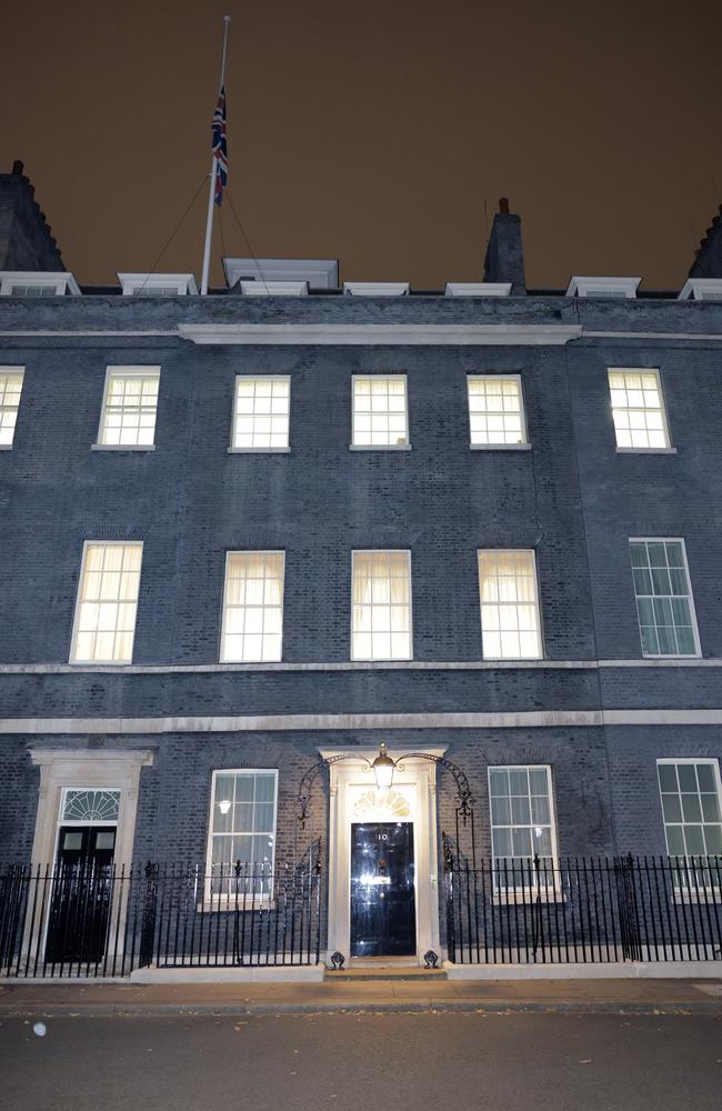 The Union Flag flies at half mast in Downing St in London after the stabbing death of Sir David Amess. Picture: Getty Images