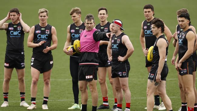 The Saints at training being directed by assistant coach Corey Enright. Picture: Darrian Traynor/Getty Images