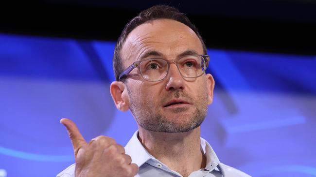 Australian Greens leader Adam Bandt addresses the National Press Club in Canberra, Wednesday, April 13, 2022. (AAP Image/Gary Ramage) NO ARCHIVING