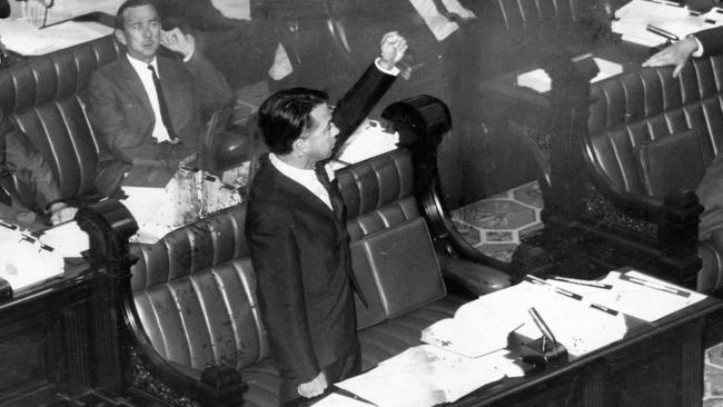 Leader of the Opposition Don Dunstan speaking during the debate on a Labor motion of no-confidence over the Government's handling of the Chowilla dam issue, in February 1969.