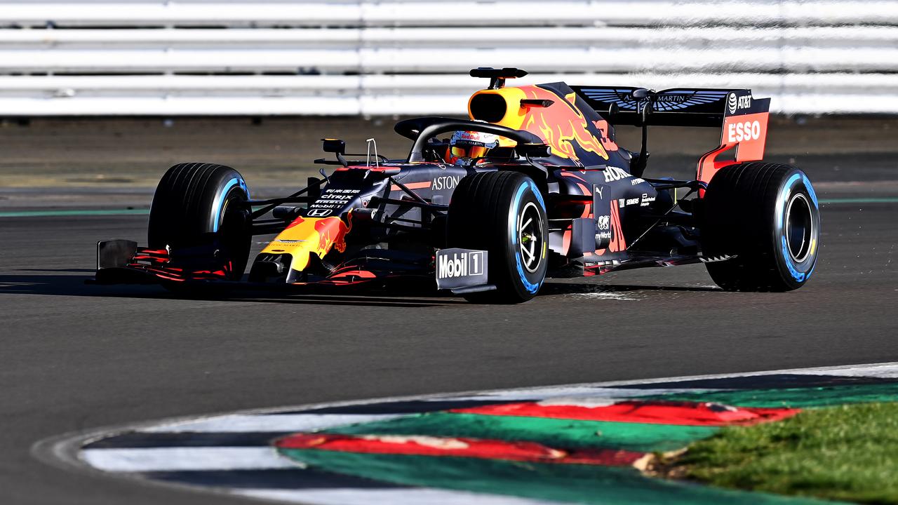 Max Verstappen driving the Red Bull Racing RB16 at Silverstone.