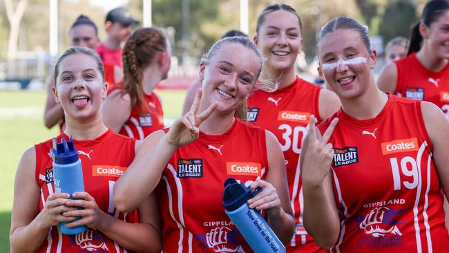 MELBOURNE, AUSTRALIA - MAY 11: Power players Sophie Hamilton, Bonnie Williams, and Ella Stoddart are seen leaving the field at 1/2 time during the 2025 Coates Talent League Girls Round 05 match between Geelong Falcons and Gippsland Power at Melbourne Avalon Airport Oval on May 11, 2025 in Melbourne, Australia. (Photo by Craig Dooley/AFL Photos)