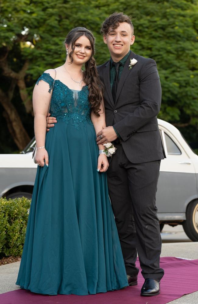 Zachary Delisser and Emmersen Simpson, graduating class of 2023, arrive at St Patrick’s Formal on Friday, May 5, 2023. Gympie, Queensland. Picture: Christine Schindler