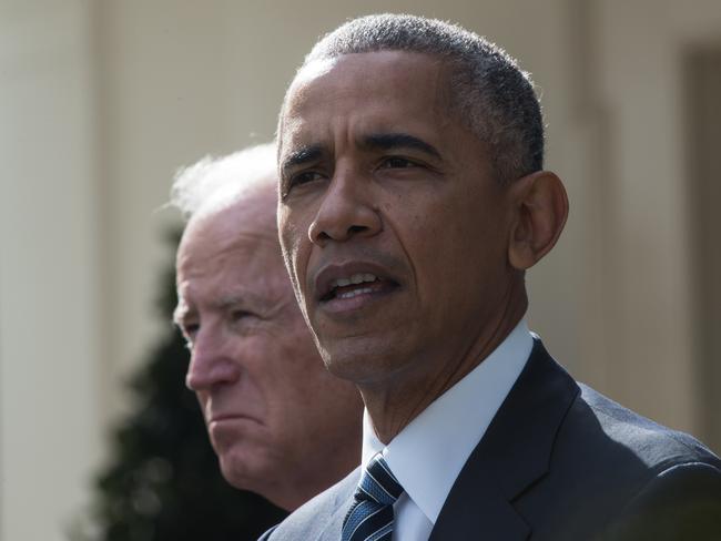 US President Barack Obama (R) together with Vice President Joe Biden addresses the nation publicly for the first time since the shock election of Donald Trump. Picture: AFP