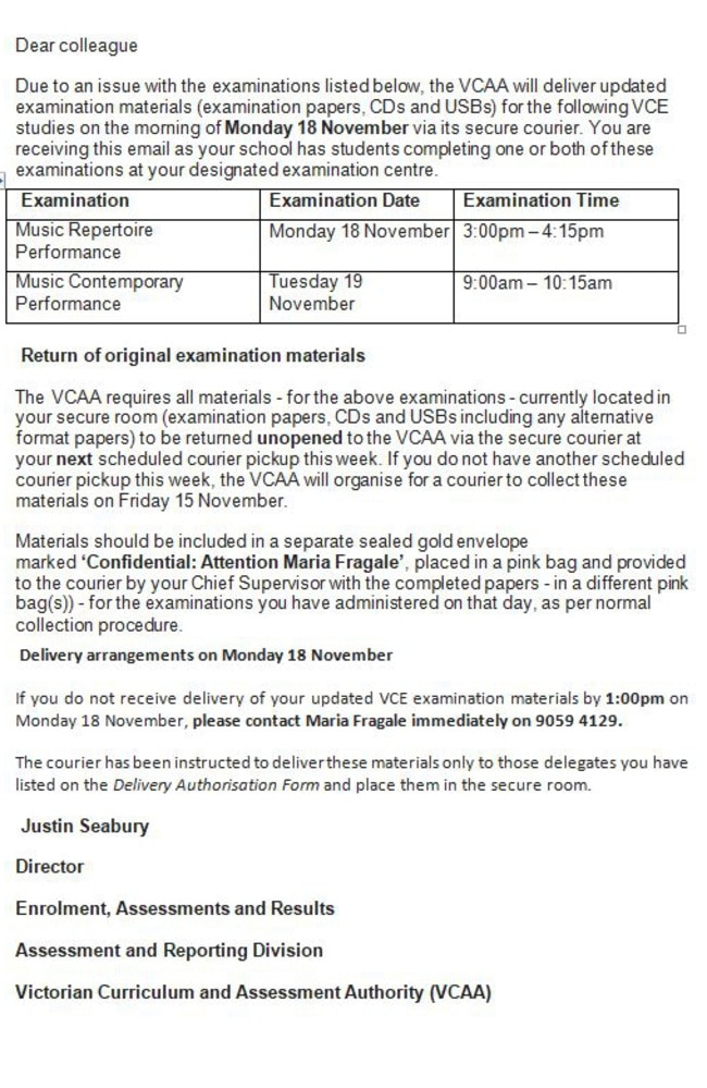 The letter sent to schools confirming new exams are hurriedly being reissued to schools due to a mistake in their contents. Picture: Supplied