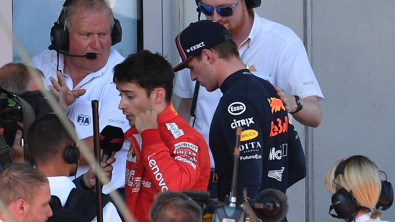 Young guns: Ferrari's Charles Leclerc (L) and Red Bull Racing's Max Verstappen were both called into the Stewards’ office after a controversial Austrian GP finish. (Photo by JOE KLAMAR / AFP)
