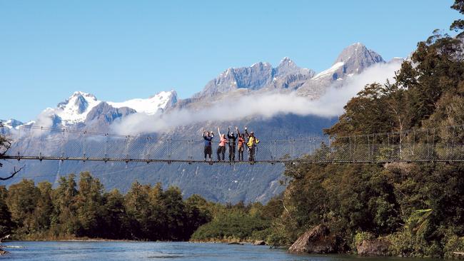 The Pyke River Swingbridge on the Hollyford Track in new Zealand.