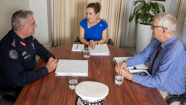 NT chief minister elect Lia Finocchiaro meets NT police commissioner Michael Murphy and Ken Davies, CEO of the Department of Chief Minister, at the NT parliament on Sunday. Picture: Liam Mendes/The Australian