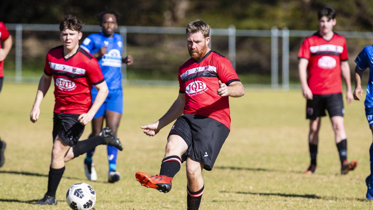 Bradley Thompson of Chinchilla Bears against Rockville Rovers in Div 1 Men FQ Darling Downs Presidents Cup football at West Wanderers, Sunday, July 24, 2022. Picture: Kevin Farmer