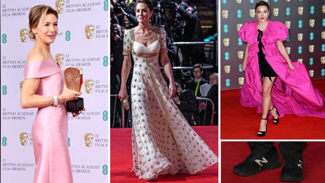 BAFTA Awards not so green. While Kate Middleton (middle) looked every inch the glamorous princess in recycled Alexander McQueen, longtime vintage fan Renée Zellweger (left) opted for brand new Prada and Florence Pugh (right) preferred unworn puffed pink taffeta. Al Pacino (bottom right), made a nod to recycling in his New balance sneakers. Pictures: Invision