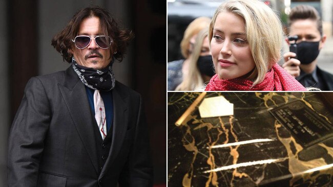 Johnny Depp, left, and former wife Amber Heard, right, outside court. A series of pictures recording Depp's alleged drug and alcohol use, bottom right, were tendered to the court. Pictures: Getty/AFP/Supplied