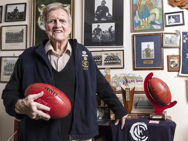 Roger O'Brien with some Croydon Football Club memorabilia. He has been at Croydon footy club for 70 years. Croydon, Melbourne. Thursday May 31st 2018. Photo: Daniel Pockett