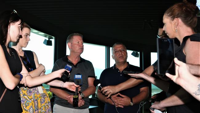 Crystalbrook Collection executive officer Mark Davie and company owner Ghassan Aboud take part in a Q&amp;A session at the Riley hotel on Thursday. PETER CARRUTHERS 