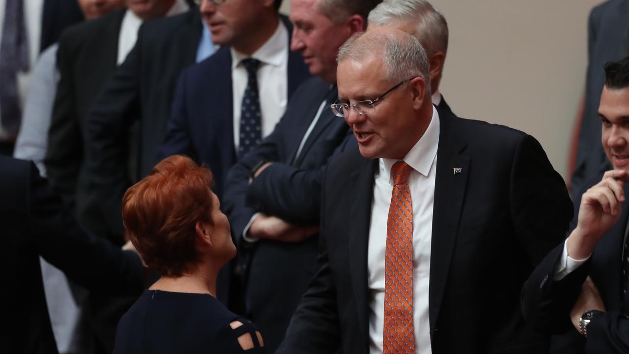 He’s a bully: Senator Hanson with Prime Minister, Scott Morrison, in Canberra in 2019. Picture: Kym Smith.