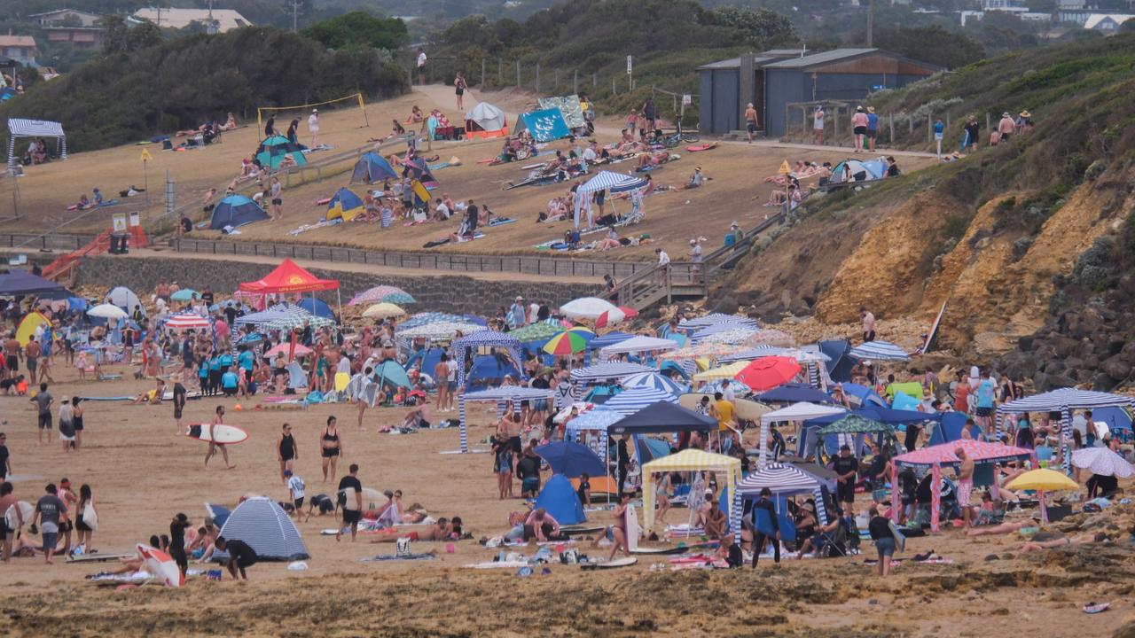 How’s the serenity? A jam-packed Torquay surf beach.