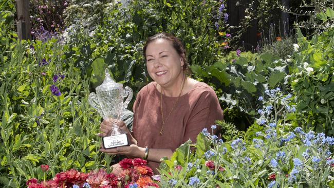 Leisa Rossignol in her Chronicle Garden Competition winning garden, designed and made with her husband Serge Rossignol. Thursday, September 16, 2021. Picture: Nev Madsen.