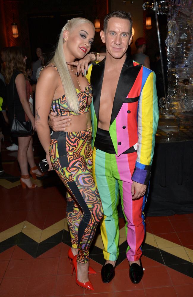 Rita Ora and designer Jeremy Scott attend the Jeremy Scott and Adidas Originals 2015 VMA’s after party at Union Station in Los Angeles. Picture: Getty