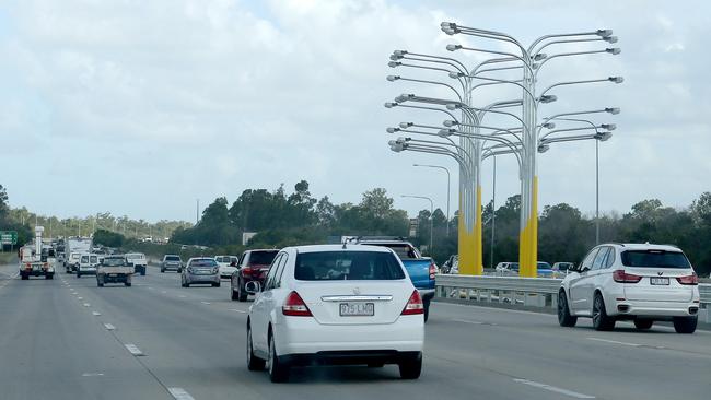 The controversial lights installation on the M1 at Yatala. Picture: Mike Batterham.