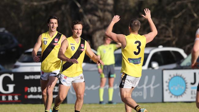 Torquay's Jesse Dawson celebrates one of five goals against Drysdale. Picture: Alan Barber