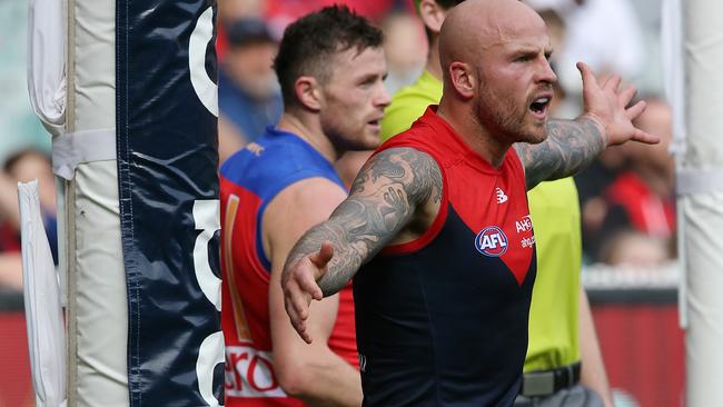 Melbourne captain Nathan Jones appeals for a free kick. Picture: Wayne Ludbey