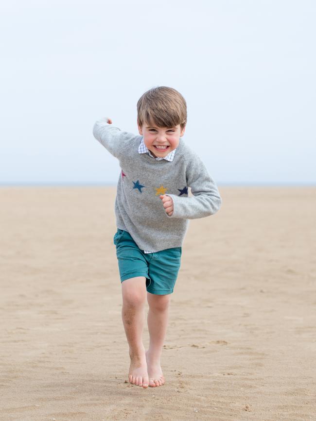 Prince Louis enjoying another blustery looking beach. Picture: The Duchess of Cambridge via Getty Images.