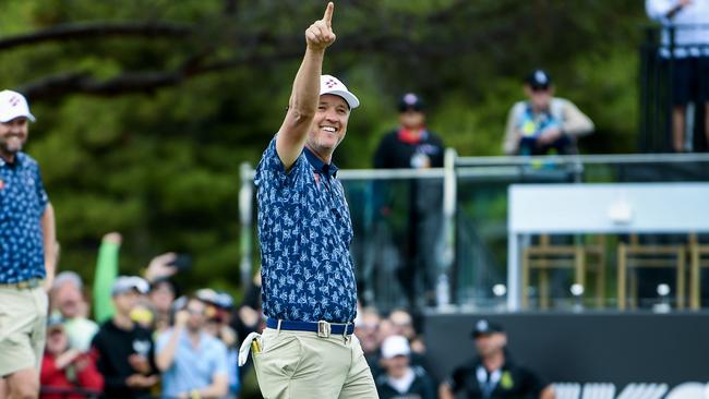 ADELAIDE, AUSTRALIA - APRIL 26:  Matt Jones of the Ripper GC   celebrates a birdie putton the 12th during LIV Adelaide at The Grange Golf Club on April 26, 2024 in Adelaide, Australia. (Photo by Mark Brake/Getty Images)