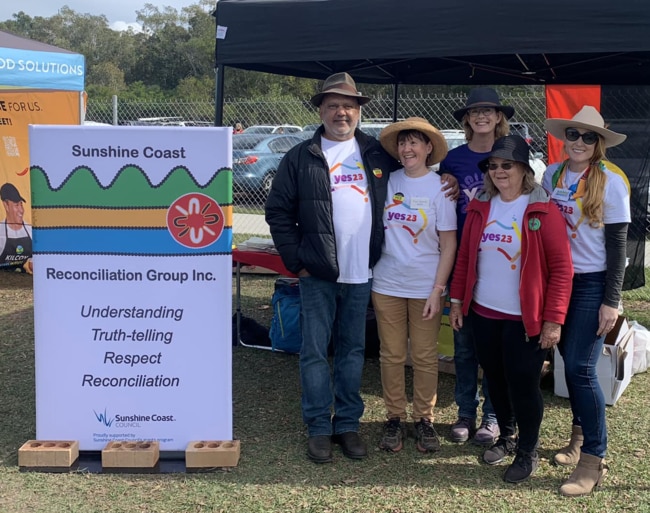 Prominent Indigenous leader and Yes campaigner Noel Pearson with Sunshine Coast Reconciliation Group committee members Fiona McGill, Mandy Lupton, Noela Hall, and Naomi McQueen. Picture: Supplied