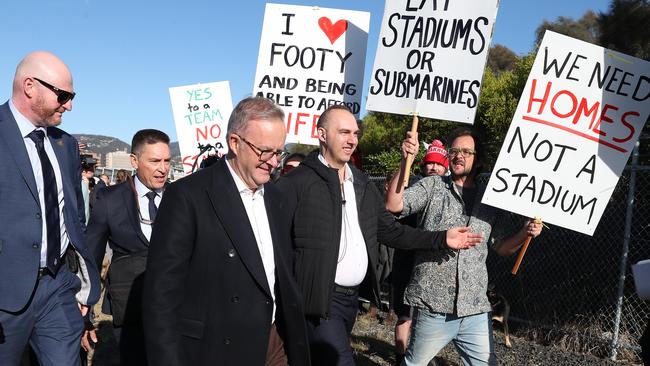 Prime Minister Anthony Albanese is greeted by protesters in Hobart last week. Picture: Nikki Davis-Jones