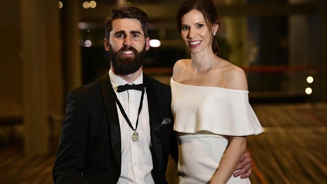 John Cahill Medal winner Justin Westhoff and wife Bec Westhoff at the Port Adelaide Football Club's 2018 best and fairest on Friday. Picture: Bianca De Marchi