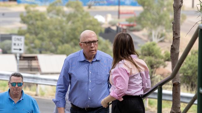 Mr Dutton and Ms Price hold a press conference on ANZAC Hill in Alice Springs on Thursday. Picture: Liam Mendes / The Australian