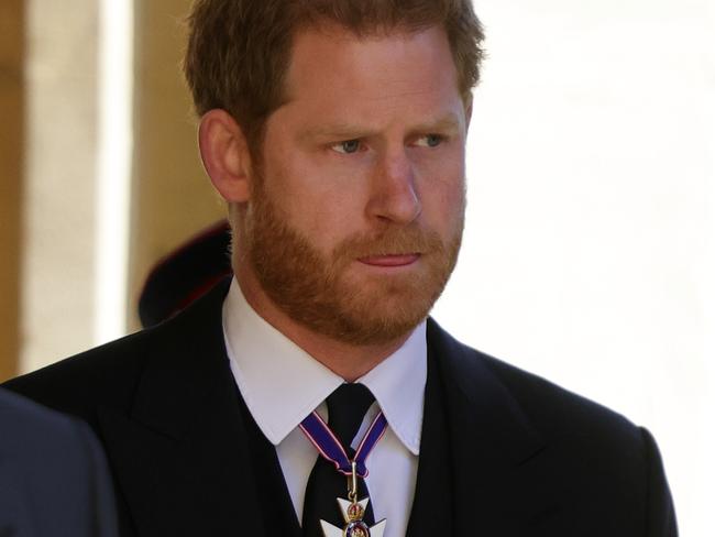 WINDSOR, ENGLAND - APRIL 17: Prince Harry, Duke of Sussex during the funeral of Prince Philip, Duke of Edinburgh at Windsor Castle on April 17, 2021 in Windsor, England. Prince Philip of Greece and Denmark was born 10 June 1921, in Greece. He served in the British Royal Navy and fought in WWII. He married the then Princess Elizabeth on 20 November 1947 and was created Duke of Edinburgh, Earl of Merioneth, and Baron Greenwich by King VI. He served as Prince Consort to Queen Elizabeth II until his death on April 9 2021, months short of his 100th birthday. His funeral takes place today at Windsor Castle with only 30 guests invited due to Coronavirus pandemic restrictions. (Photo by Chris Jackson/WPA Pool/Getty Images)