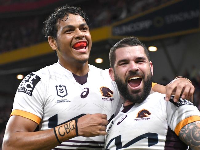 NRL 2022 RD10 Manly-Warringah Sea Eagles v Brisbane Broncos - Adam Reynolds, Try Celebration with Selwyn Cobbo. Picture: NRL Imagery