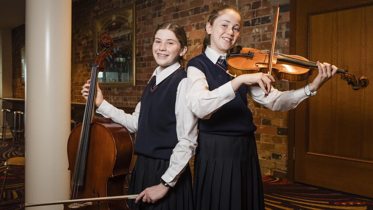 Sisters Ruby (left) and Audrey Reinhardt competed in solo string sections of the 77th City of Toowoomba Eisteddfod at Empire Theatre. Picture: Kevin Farmer