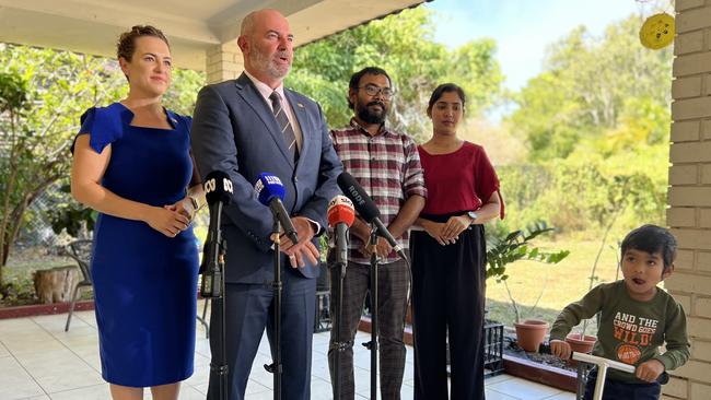 Opposition Leader Lia Finocchiaro and Shadow Treasurer Bill Yan announcing their HomeGrown Territory policy. Ramesh Kambala, Renuka Yelam, and their 3-year-old son Kushal said the $50k grant would make a big difference in their dream to buy a home in Darwin. Picture: Fia Walsh.