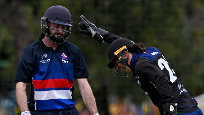 Croes celebrates some sharp wicketkeeping. Picture: Andy Brownbill