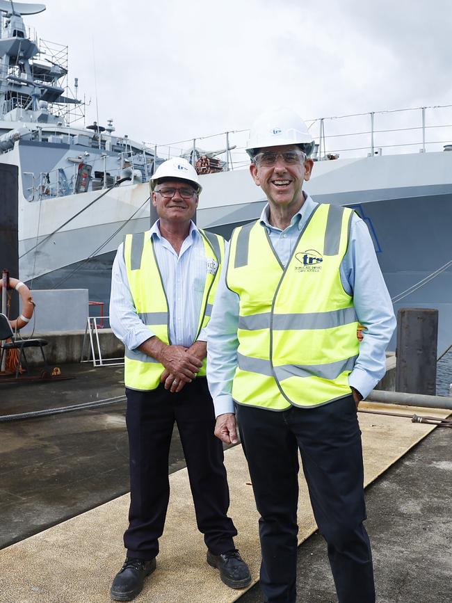 Tropical Reef Shipyard managing director Robert Downing and Treasurer Cameron Dick inspect the British Navy ship HMS Spey. Picture: Brendan Radke