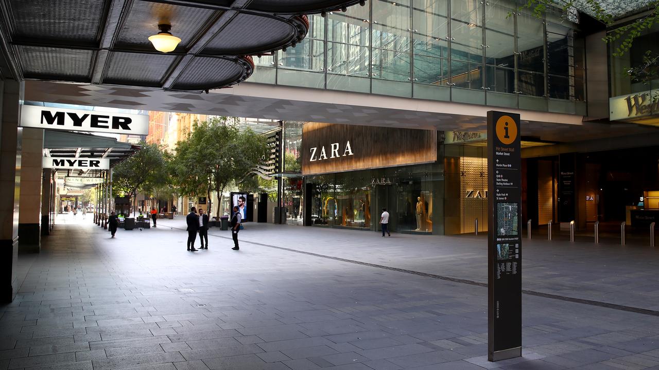 Myer has said business at its CBD stores, such as above in Sydney, is down 33 per cent since they reopened. Stores in suburbs are faring far better. Picture: Toby Zerna.