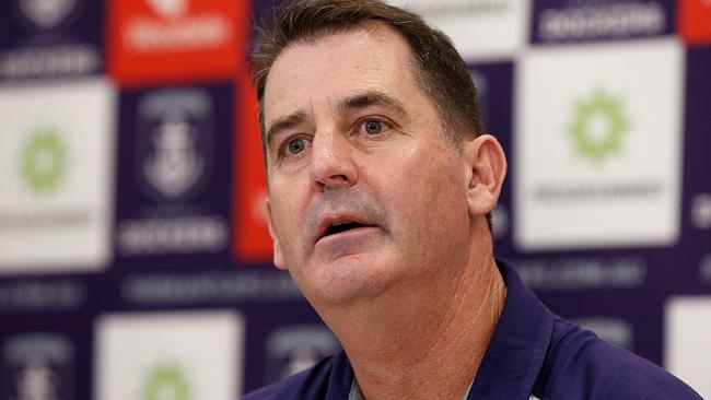 Freemantle’s Ross Lyon fronts up to the media in Perth yesterday after the Dockers were confronted with more allegations about their head coach. Picture: Getty Images