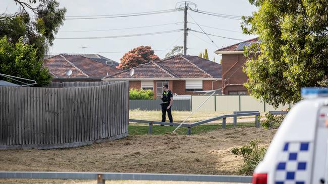 Police at the crime scene on Tuesday morning. Picture: Jake Nowakowski